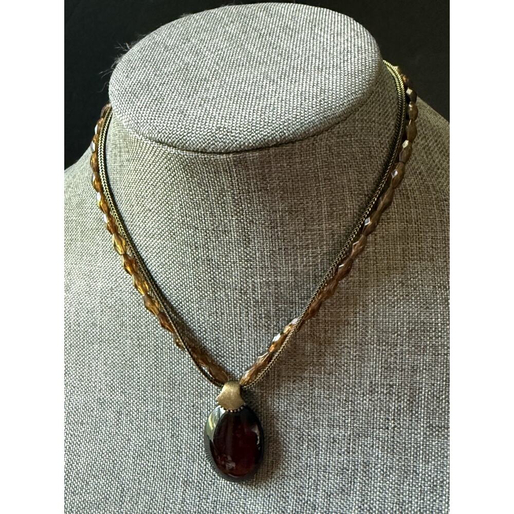 Vintage Monet Pendant Necklace Bronze Tone Two Strand Glass Bead Chain READ